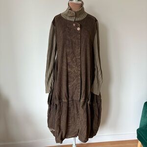 Ewa I Walla The Coat 66145 Lagenlook Brown Cotton Ribbed Knit Sleeve Overcoat XS